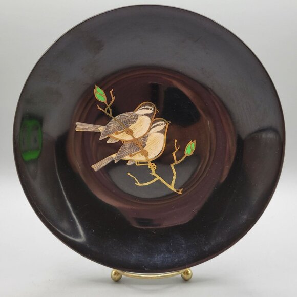 Couroc Chickadee Birds on Branch Hand Inlaid Wood 8 Inch Round Bowl - Picture 1 of 5